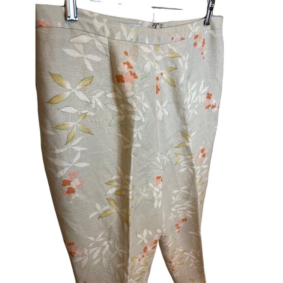 Jillian Jones Tan Linen Blend Lined Flat Front Floral Cropped Pants Sz 12 - Picture 2 of 9